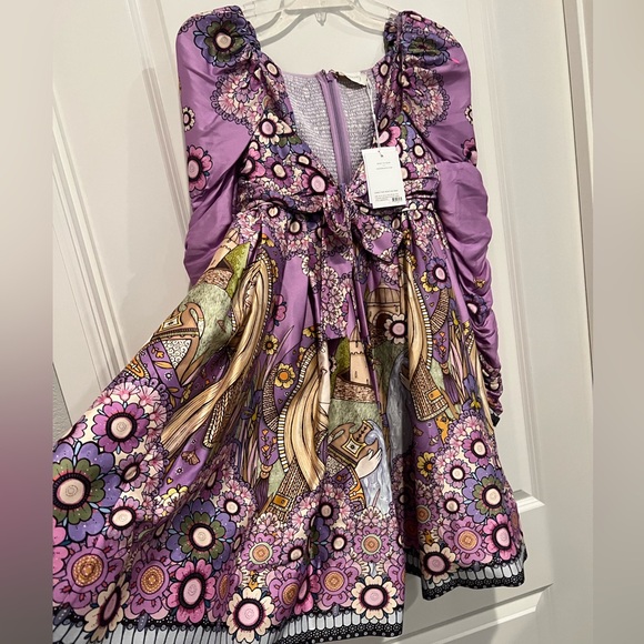 NEW Zimmerman Cosmic Twist Front purple bow ruched sleeve flare dress - Picture 2 of 16